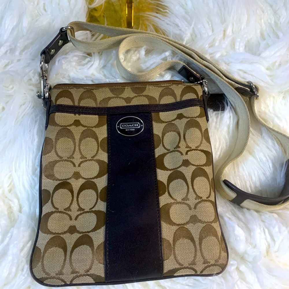 Coach Crossbody With Leather Stripe and Shoulder Rest,7x8, Brown/Tan